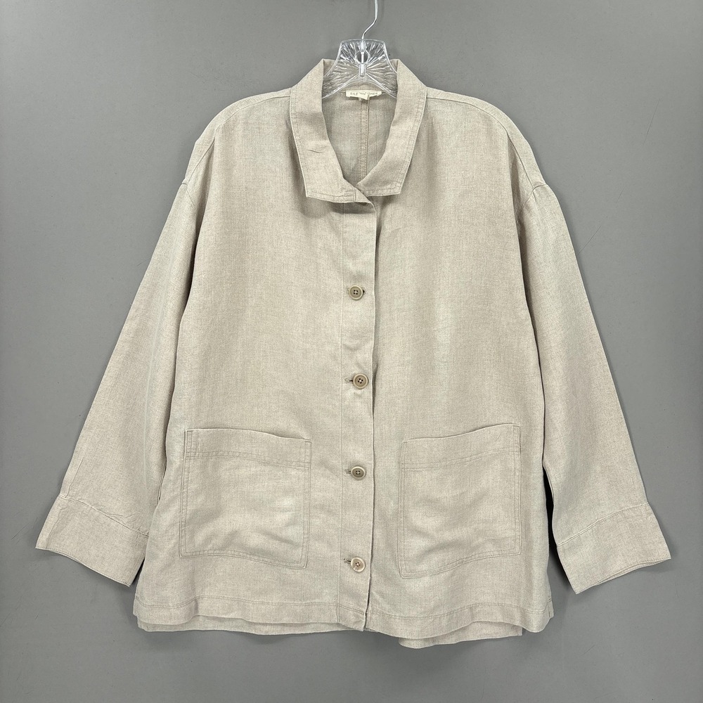 Eileen Fisher Jacket Womens XS Beige Linen Button Front Pockets Lightweight Boxy